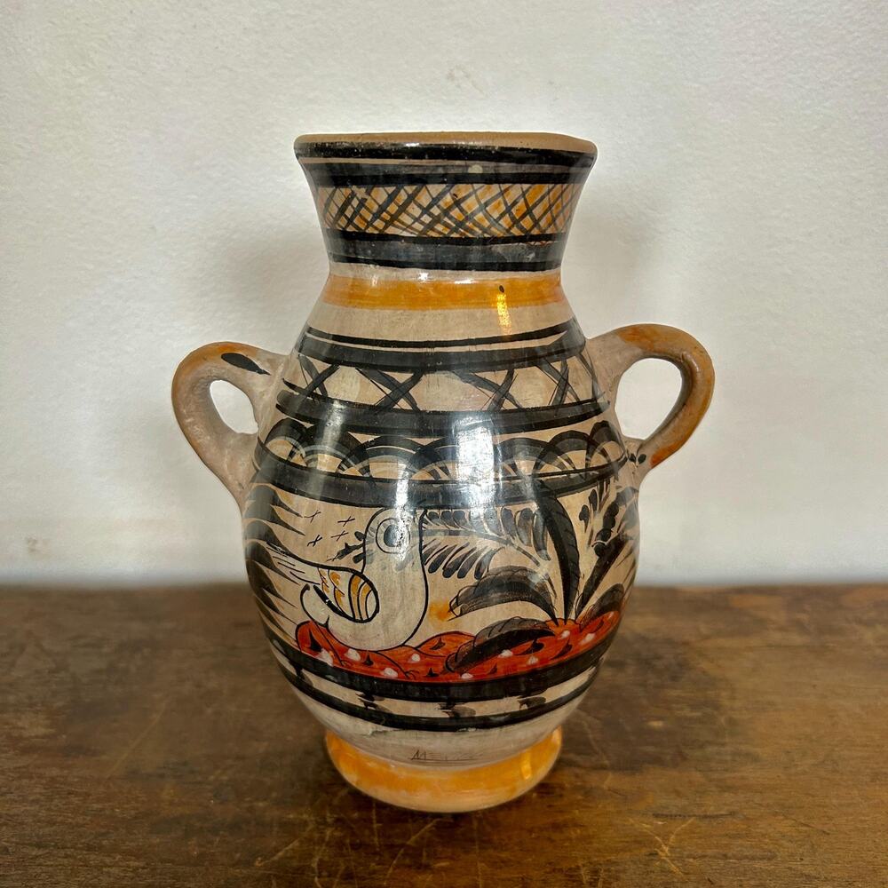 Vintage 1970's Tonala Pottery Vase with Bird Motif | Mexican Folk Art Pottery